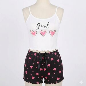 2- Piece Heart Print Pajama Set - White Cami & Black Shorts - SIZE L